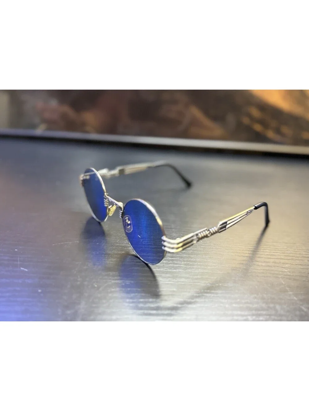 Retro Round Blue Lens Sunglasses Silver Metal Steampunk Wire Frame